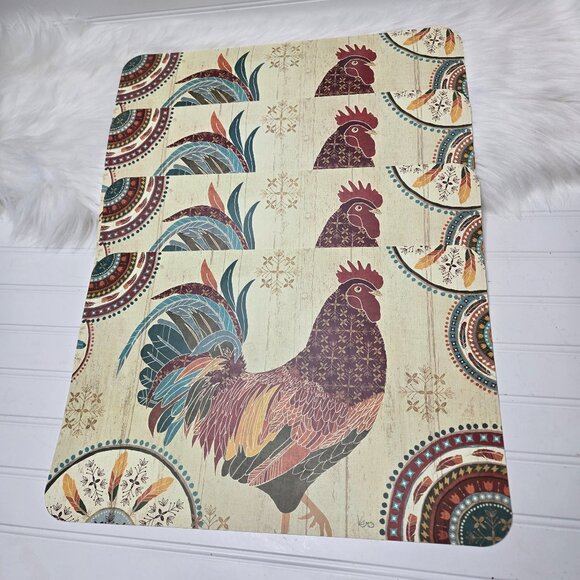 Other - Reversible Barn Rooster Placemats Wipe Clean Set of 4 Fall Feathers Country Farm